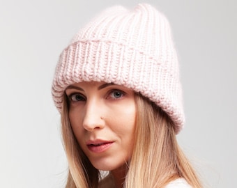 Knitted wool hat - Fisherman knit beanie - Womens winter hat with brim - Tight beanie hats for small heads