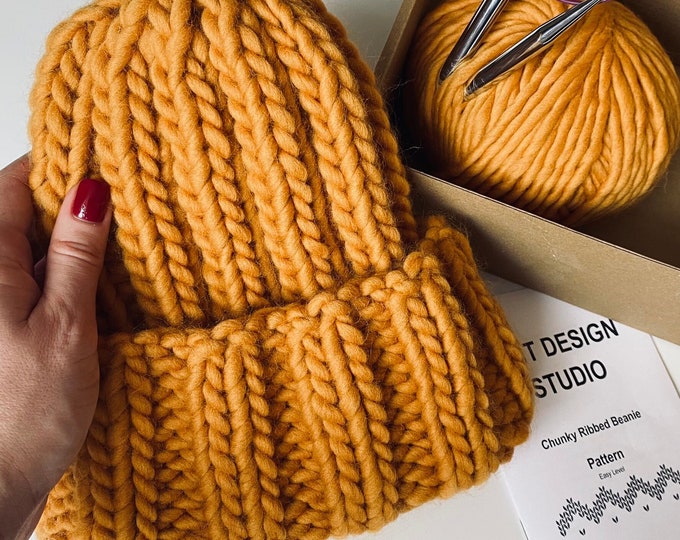 Chunky knit beanie knitting kit - Winter knitted hat diy yarn kits