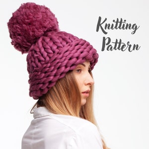 Giant pompom beanie knitting pattern PDF - Super chunky winter hat knit pattern