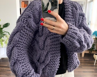 Chunky Cable Knit Cardigan - Oversized Hand Knitted Wool Cardigan