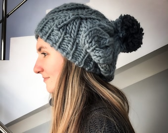 Knit winter slouchy beanie hat with pom pom - Bohemian knit hat - Slouch winter hats women - Chunky oversized pom beanie