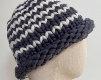 Men’s rolled beanie, Striped chunky merino wool hat