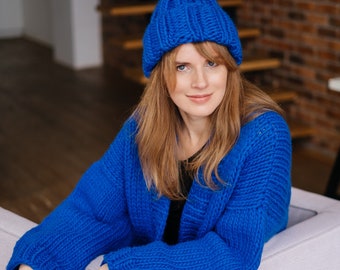 Women’s Cardigan and Hat Set, Long Oversized Chunky Knit Cardigan with Ribbed Wool Beanie