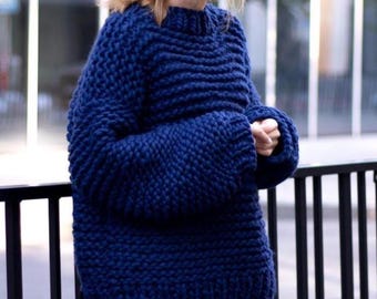 Peruvian Wool Crew Neck Sweater, Oversized Chunky Knit Pullover