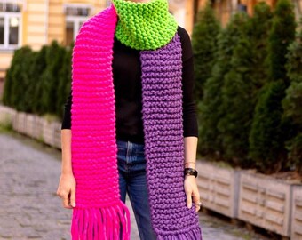 Farbenfroher, gestrickter Winterschal - Oversized-Longstrickschal aus Merinowolle