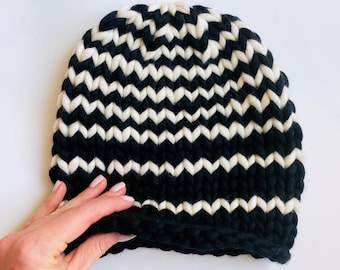 Gorro de lana a rayas - Gorro de invierno tejido a mano