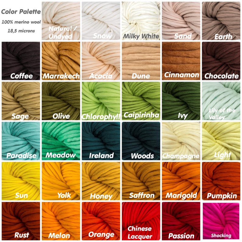 Solid merino wool color palette with neutral, green, yellow, orange and red shades.