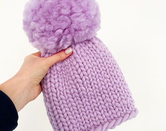 Chunky knit beanie hat with oversized pom pom - Knitted wool beanies for women - Cute womens winter hat with big pompom