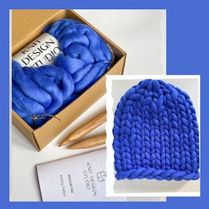 Chunky beanie hat knit kit - Knitted hat knitting kit - Handknit hat yarn kit - Beginner knitting kits - Diy knitting gift