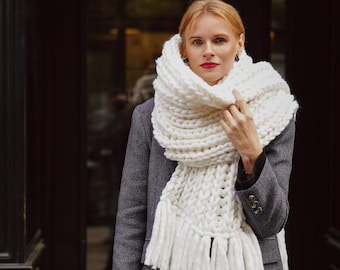 Oversized Long Chunky Knit Scarf - Giant Winter Fringed Merino