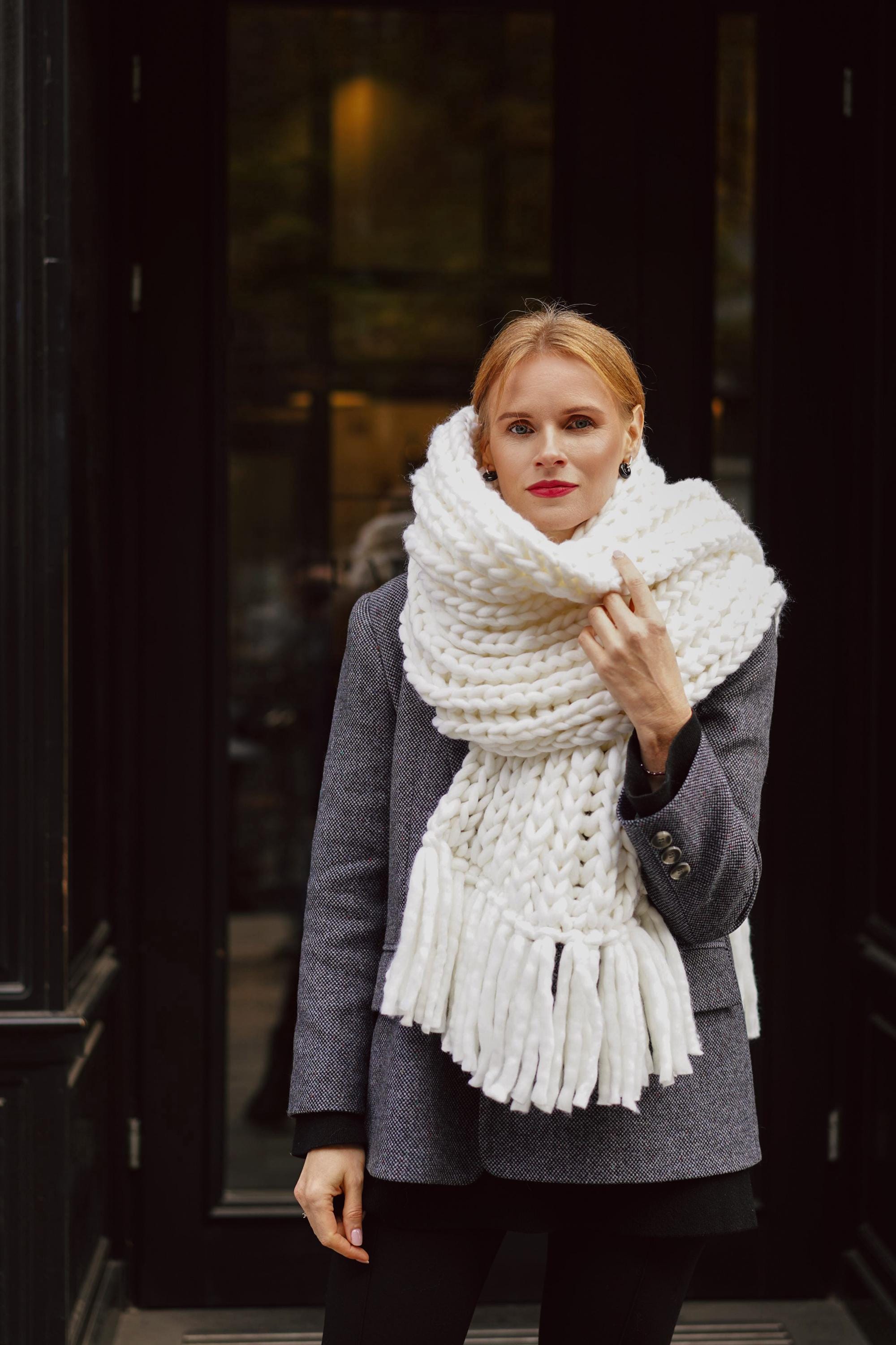 Oversized Long Chunky Knit Scarf - Giant Winter Fringed Merino