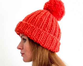 Chunky knit merino wool beanie with pom pom - Hand knitted ribbed fisherman hat