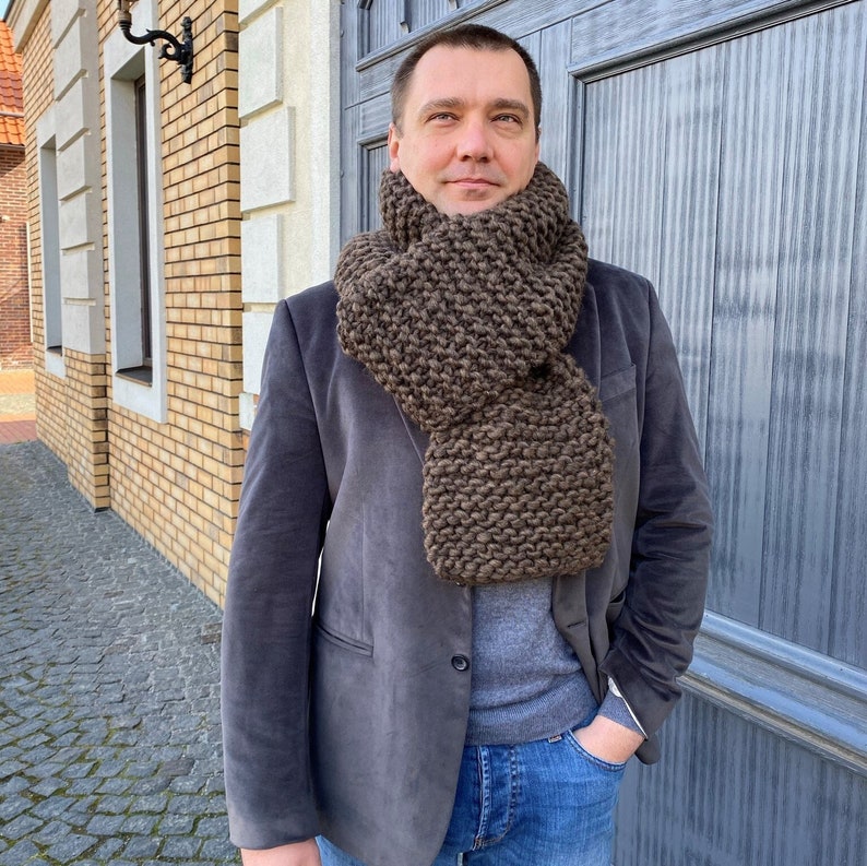 Mens chunky knit brown scarf on SALE Hand knit wool scarf Winter scarves Gifts for men image 1