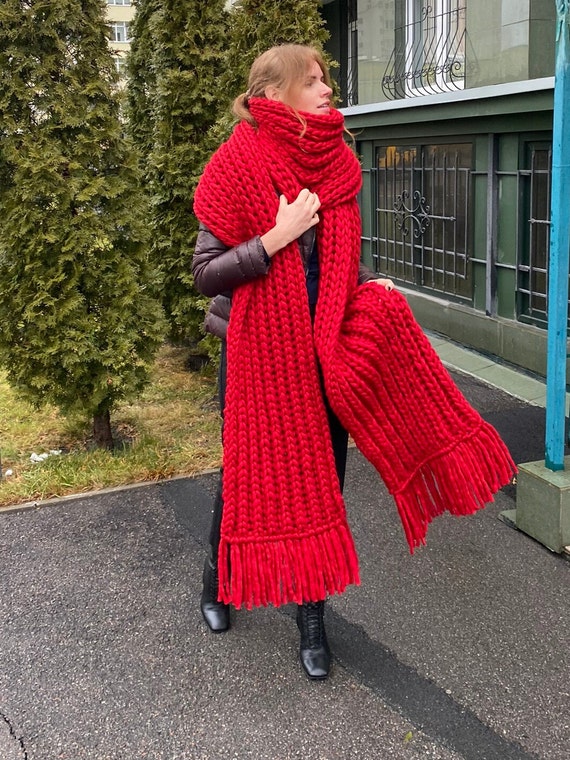 LENO＊CHUNKY KNIT SCARF ビッグマフラー Oversized Long Chunky Knit Scarf - Giant Winter Fringed Merino