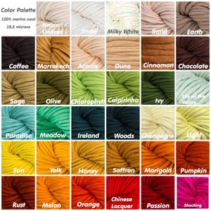 Merino wool yarn color chart – available palette for the chunky beanie (swatch grid).