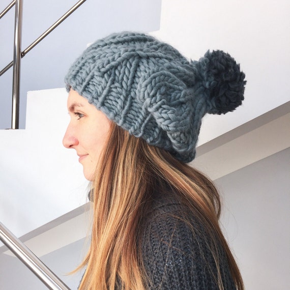 Winter Slouchy Hat With Pom Pom - Chunky Knit Oversized 