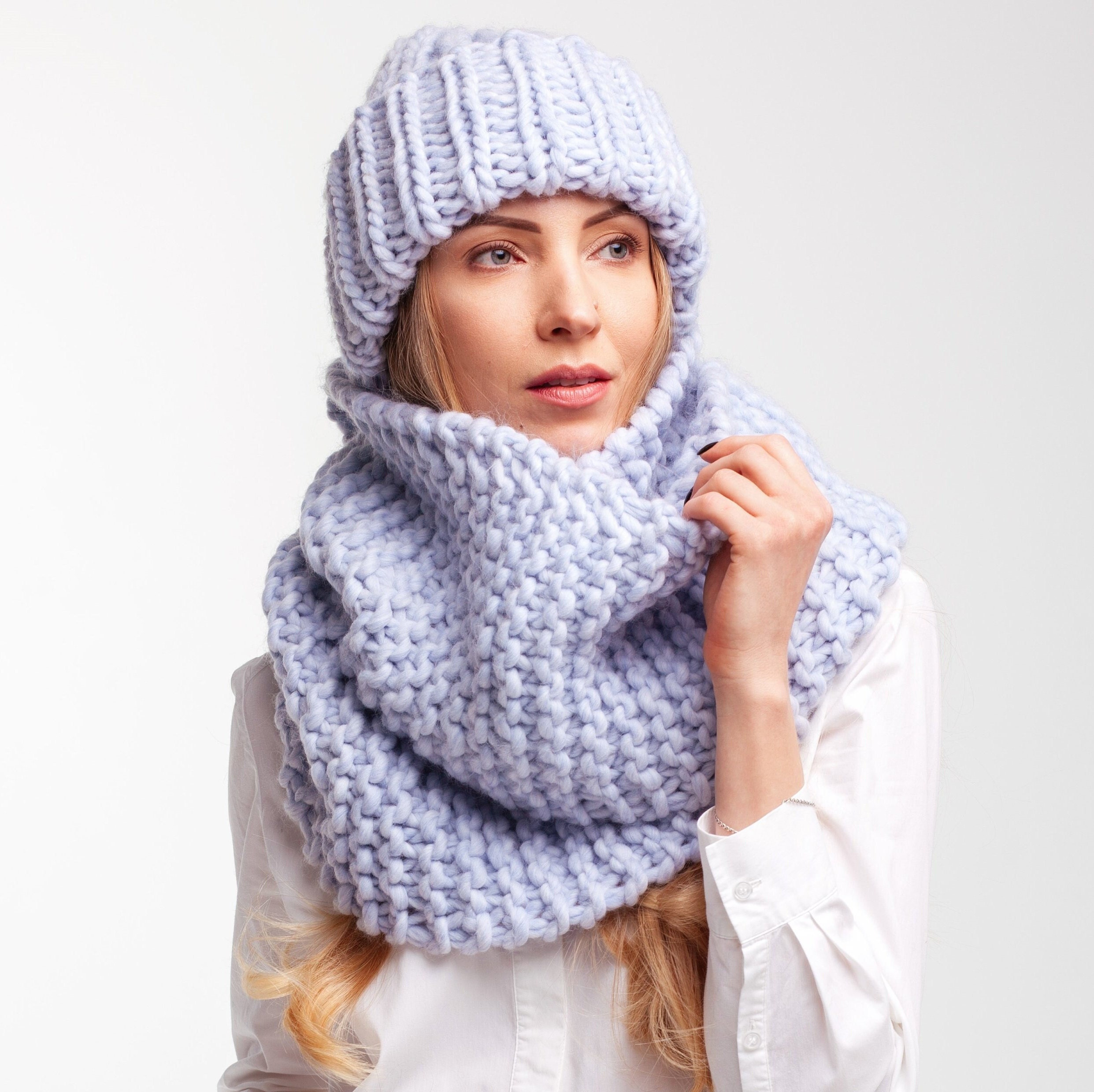 Handmade Knit Winter Hat and Large Infinity Scarf. Hand Knit Hat and Infinity Scarf Set – The Knitten Cat main image 3