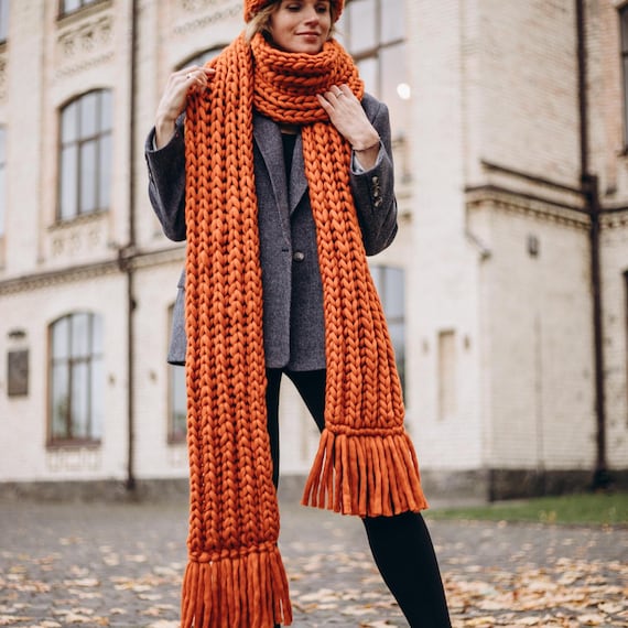Oversized Chunky Knit Scarf - Handmade Thick Knitted Merino Wool