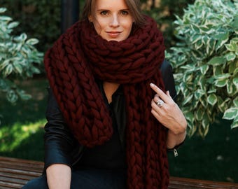 Burgundy Chunky Knit Scarf, Winter Oversized Merino Wool Hand Knitted Scarf