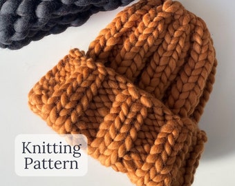 Chunky Ribbed Knit Beanie Hat Pattern - Easy Beginner Project (PDF Pattern)