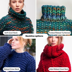Neckline options for oversized chunky knit sweater: soft cowl, crew neck, turtleneck and wide cowl.