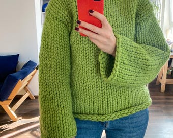 Chunky Knit Wool Sweater, Slightly Oversized Merino Mock Neck Pullover