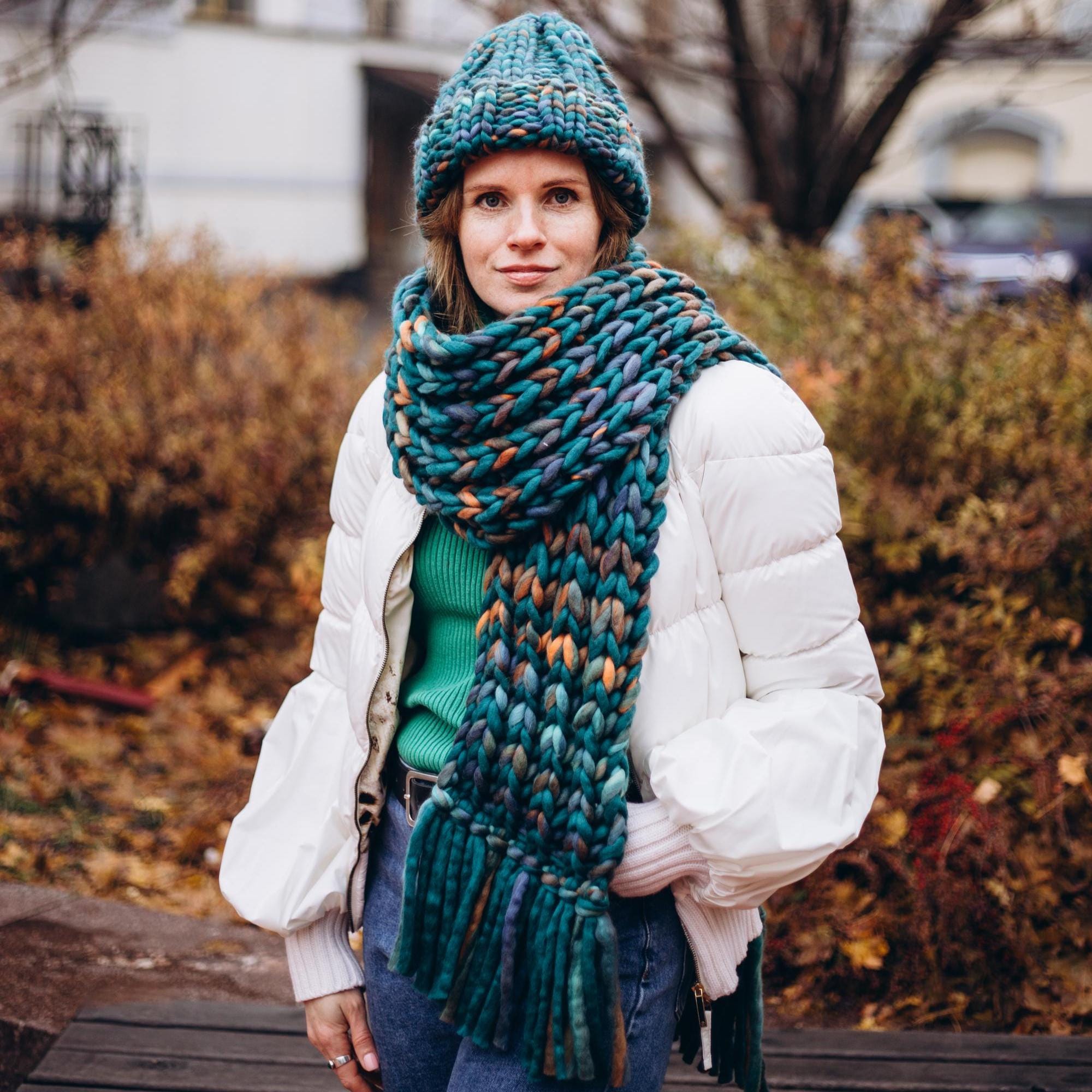 Colorful Oversized Winter Scarf - Handmade Wool Knitted Chunky