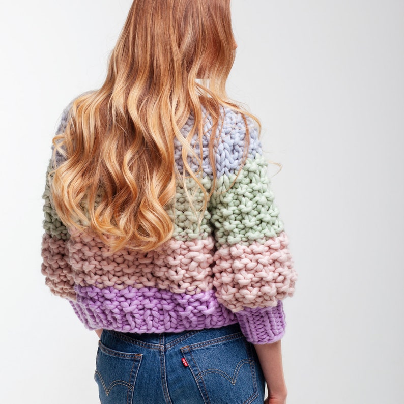 Back view of the cropped color block sweater showing pastel stripes, relaxed raglan construction, ribbed hem and three-quarter sleeves.