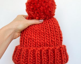 Pom pom knit winter hat - Wool knitted beanie hat with pompom - Slouchy chunky knit beanie for women