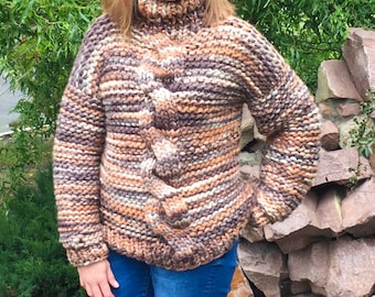Chunky cable knit sweater - knitted merino wool sweater - Hand knit turtle neck sweater