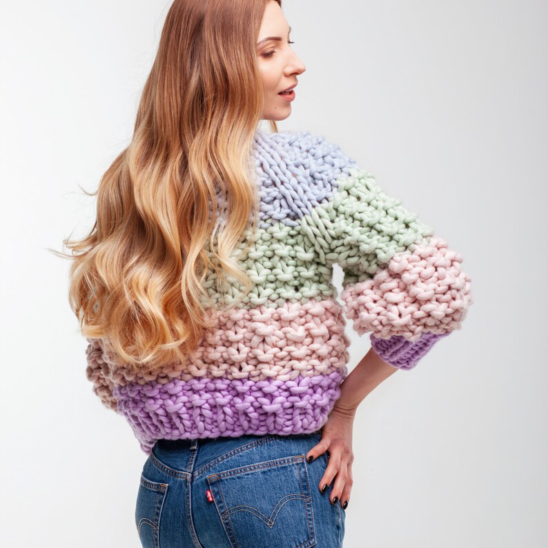 Back view of the color block cropped knit sweater showing garment depth, hem position and sleeve length.