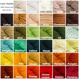 May include: Color palette of 100% merino wool yarn in various shades, including natural undyed, snow, milky white, sand, earth, coffee, marrakech, acacia, dune, cinnamon, chocolate, sage, olive, chlorophyll, caipirinha, ivy, lily of the valley, paradise, meadow, ireland, woods, champagne, light, sun, yolk, honey, saffron, marigold, pumpkin, rust, melon, orange, Chinese lacquer, passion, and flamenco.