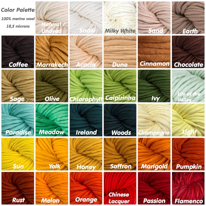 May include: Color palette of 100% merino wool yarn in various shades, including natural undyed, snow, milky white, sand, earth, coffee, marrakech, acacia, dune, cinnamon, chocolate, sage, olive, chlorophyll, caipirinha, ivy, lily of the valley, paradise, meadow, ireland, woods, champagne, light, sun, yolk, honey, saffron, marigold, pumpkin, rust, melon, orange, Chinese lacquer, passion, and flamenco.