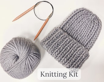 Ribbed chunky knit beanie kit - Knitted hat diy knitting kits - Unisex handknit hat yarn kit