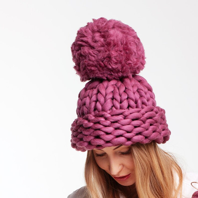 Chunky knit beanie hat with giant pom pom Large winter knitted wool hat Oversized hat for women Christmas gift image 3