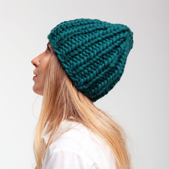 Hand Knit Merino Wool Beanie – Chunky Ribbed Winter Hat - Etsy display picture 3
