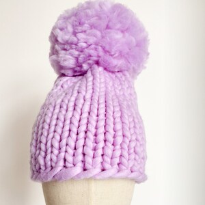 Chunky knit beanie hat with oversized pom pom Knitted wool beanies for women Cute womens winter hat with big pompom image 4