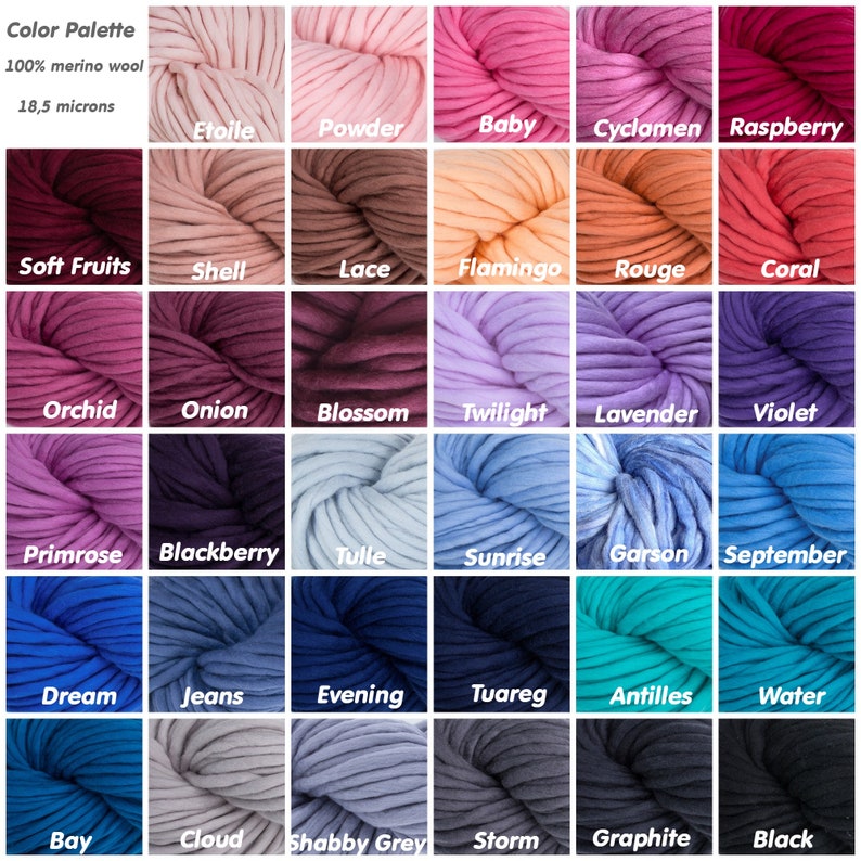 Solid merino wool color palette with pink, purple, blue, grey and turquoise shades.