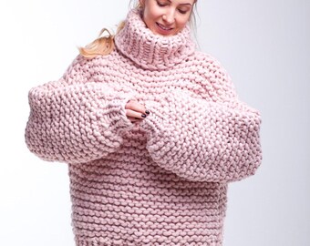 Oversized Turtleneck Handmade Sweater, Chunky Peruvian Wool Knitted Pullover