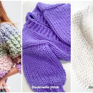 Comparison of three knit textures available for the custom sweater: moss or seed stitch, smooth stockinette stitch and textured garter stitch.