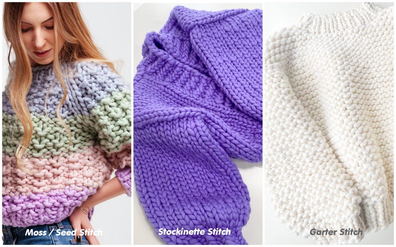 Comparison of three knit textures available for the custom sweater: moss or seed stitch, smooth stockinette stitch and textured garter stitch.