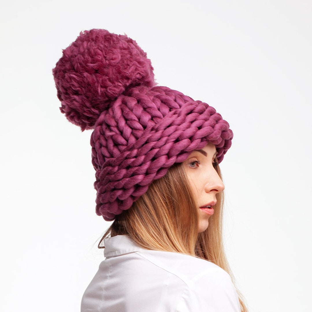 Chunky Knit Beanie Hat With Giant Pom Pom Large Winter Knitted Wool Hat  Oversized Hat for Women Christmas Gift 