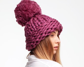 Bonnet en grosse maille avec pompon géant - Grand bonnet d'hiver en laine tricoté - Bonnet surdimensionné pour femme - Cadeau de Noël
