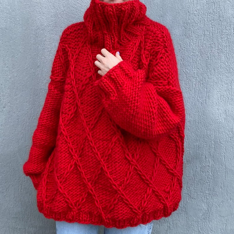 Oversized chunky knit sweater Big knitted merino wool sweater womens Hand knit sweaters for women Handmade cowl neck sweater image 1