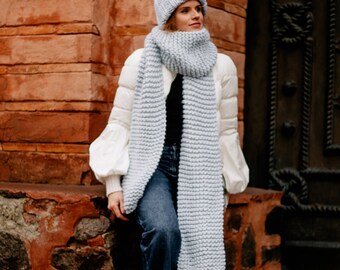 Chunky scarf and beanie set - Hand knit merino wool winter hat and scarf set