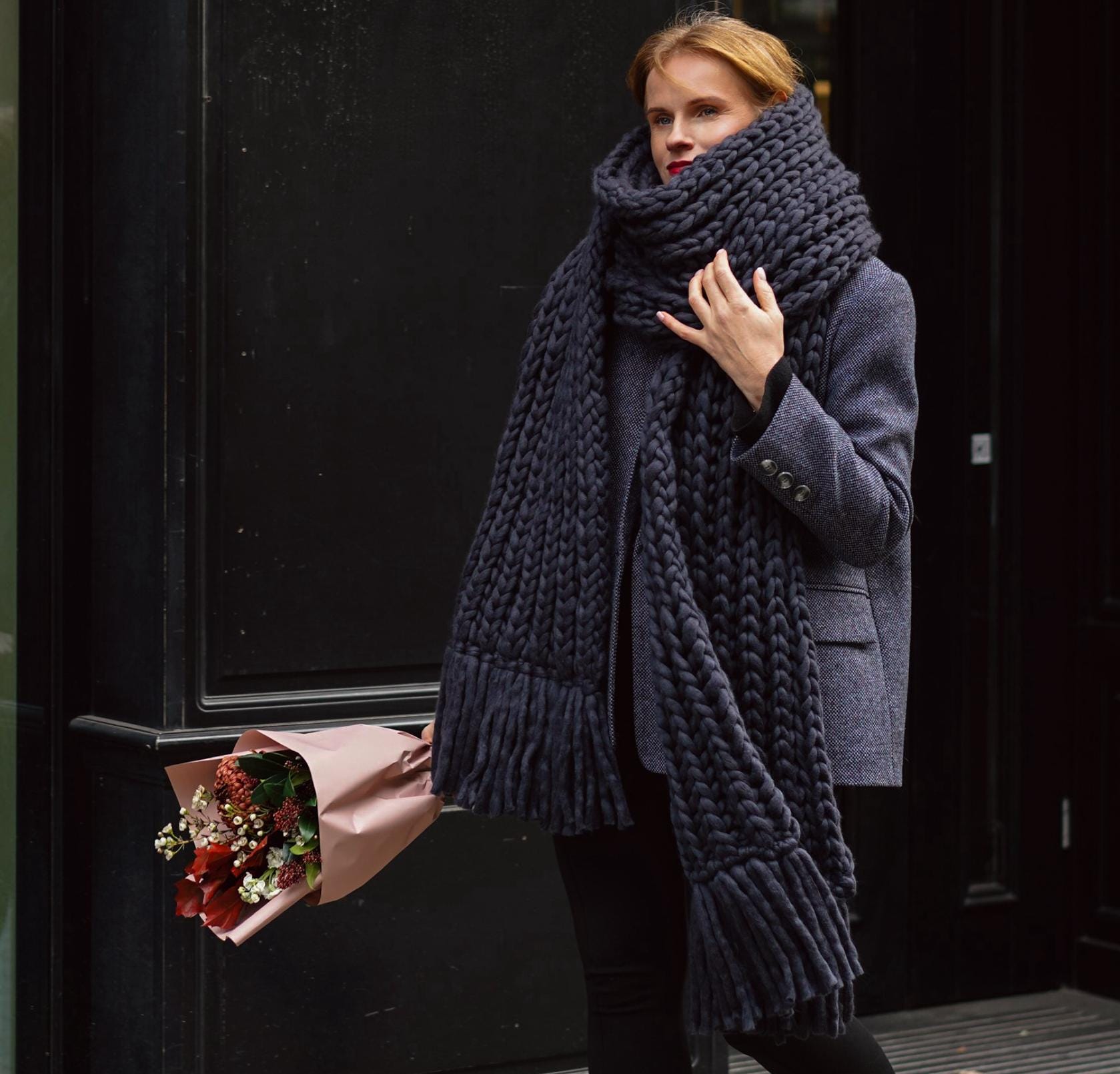 Oversized Long Chunky Knit Scarf - Giant Winter Fringed Merino
