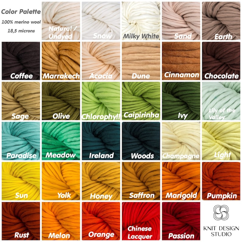May include: Color palette of 100% merino wool yarn in various shades, including natural/undyed, snow, milky white, sand, earth, coffee, marrakech, acacia, dune, cinnamon, chocolate, sage, olive, chlorophyll, caipirinha, ivy, lily of the valley, paradise, meadow, ireland, woods, champagne, light, sun, yolk, honey, saffron, marigold, pumpkin, rust, melon, orange, chinese lacquer, and passion.