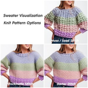 Sweater visualization showing the pastel color block design in moss or seed stitch, stockinette stitch and garter stitch options.
