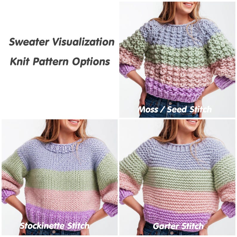 Sweater visualization showing the pastel color block design in moss or seed stitch, stockinette stitch and garter stitch options.