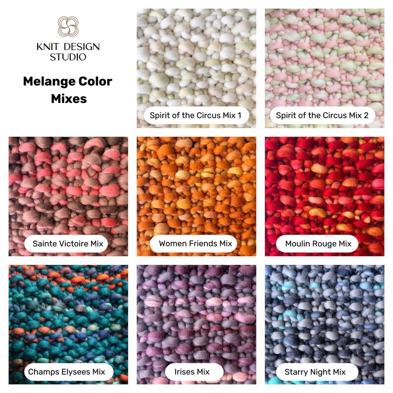 Melange merino wool color palette for custom chunky knit sweater orders.